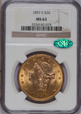1897-S Gold Liberty Head $20 NGC MS63 CAC. Scarcer Date Double Eagle.