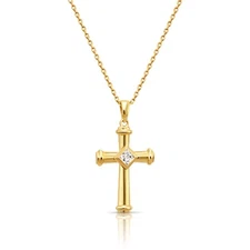 14K Real Solid Yellow Gold Dainty Cross Christian CZ Pendant Charm Necklace 18in