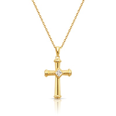 14K Real Solid Yellow Gold Dainty Cross Christian CZ Pendant Charm Necklace 18in