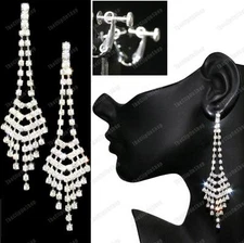 4"long SPARKLY CLIPS silver rhinestone CLIP ON FASHION EARRINGS art deco CRYSTAL