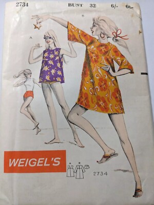 Rare Weigel's 1960s Sewing Pattern 2734 Womens Shift Top, Dress & Shorts Bust 32