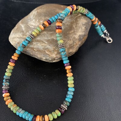 Navajo Blue Turquoise Orange Spiny Oyster Tigers Sterling Necklace 18 '' 13433