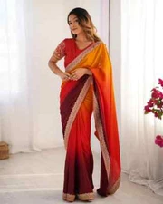 Indian Function Wear Orange Chinnon Silk Saree With Designer Blouse For Women