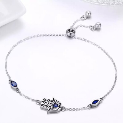 Hamsa Hand Bracelet / Evil Eye Bracelet 925 Sterling Silver / Cubic Zirconia 