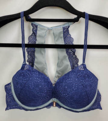 Victorias Secret PINK Sexy 34C Bra Date Push Up Blue Lace Underwire Padded