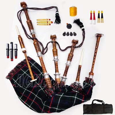 Great Highland Scottish Bagpipe Mackenzie Tartan-Silver Mounts + Bag & TutorBook