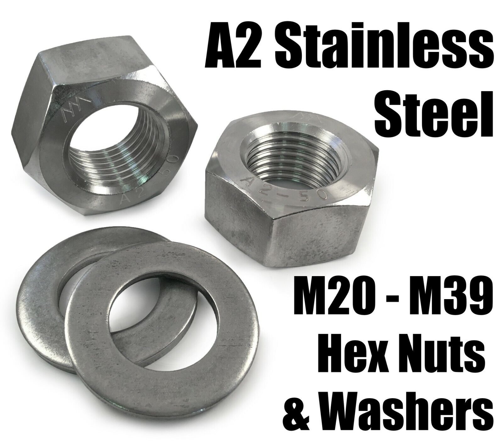 A2 Stainless Steel M20 To M39 Heavy Duty Hexagon Hex Full Nuts & Washers Form A Zaskakująca wyjątkowa wartość, cena zysku