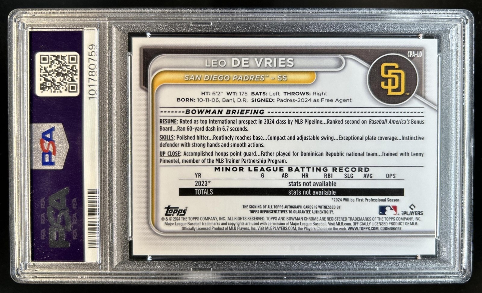2024 Bowman Chrome Leo De Vries Auto Red Wave Refractor 1st #/5 Padres PSA 9 10 view 2