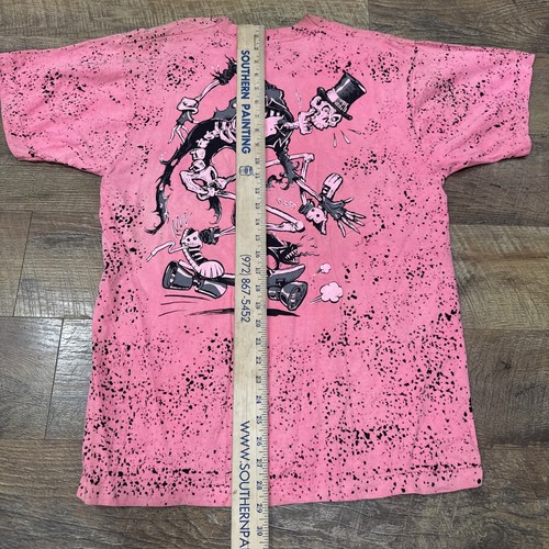 Pink vintage 80s Death Squadron skate t-shirt with black and white zombie-themed graphic, Southern Painting logo, size L.