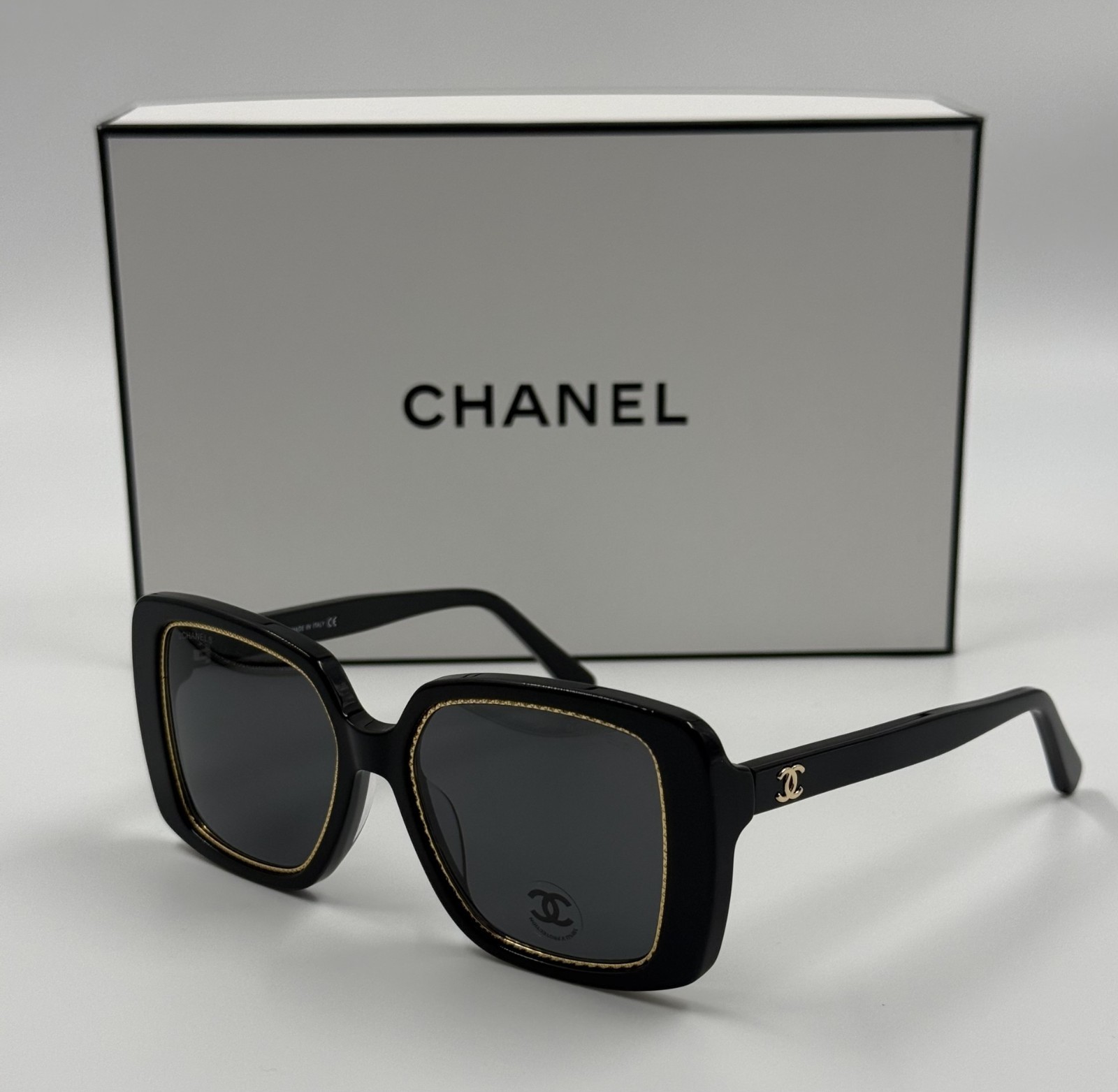 NEW CHANEL 9157 Square Black Acetate & Gold - Gray Lens Sunglasses