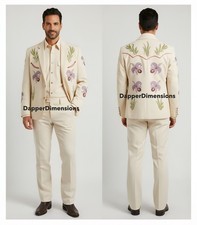 Men 2Pc Ivory Bespoke Guitar Embroidered Nudie Western cowboy Cocktail Prom Set