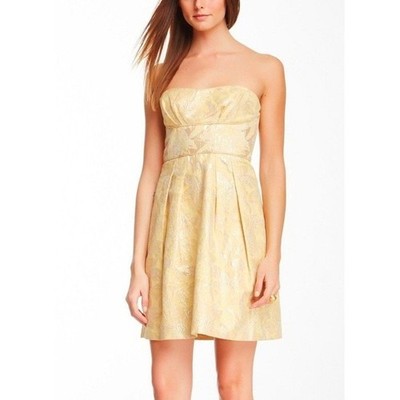 bcbg gold cocktail dress BCBG MaxAzria Strapless Jacquard Cocktail Dress Size 8 Gold Wedding Guest  Glam