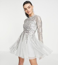 ASOS DESIGN long sleeve mini dress with gem / sequin embellishment Sage Size 14