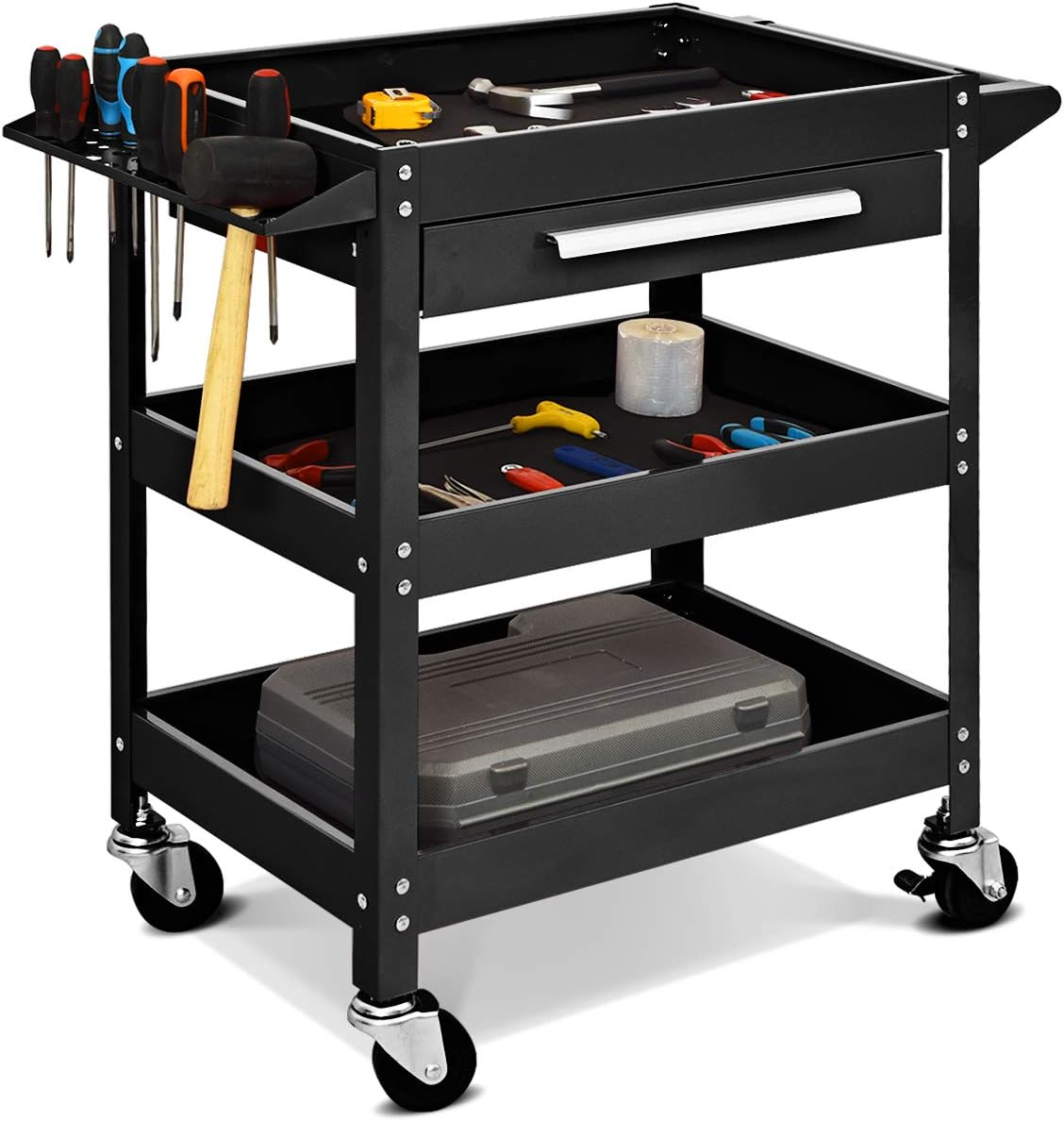 Rolling Tool Cart 3 Tier Steel Utility Service Trolley Lockable Casters Red