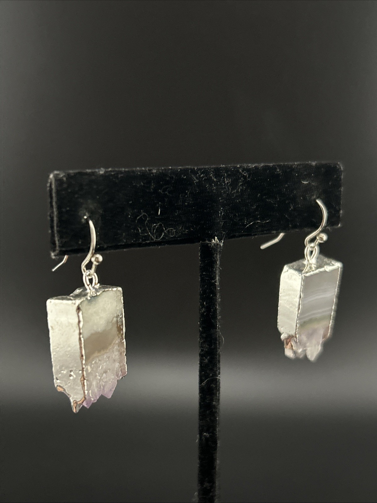 Silver Tone Amethyst Geode Slice Dangle Drop Earr… - image 3