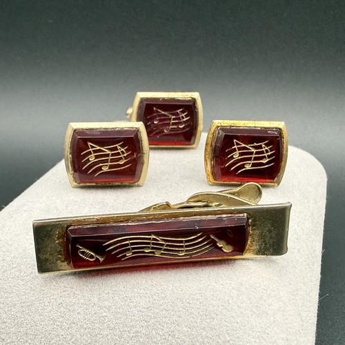 Vintage Music Note Cufflinks Tie Bar Set Red Lucite Gold Tone Musician Orchestra
