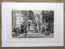 Historischer HOLZSTICH der eine Marktszene darstellt mit Drehorgelspieler 19.Jh.