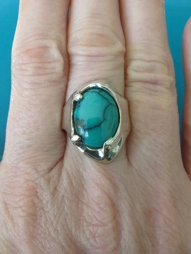 Vtg 90s TOVE NORLANDER Sterling Norwegian TURQUOISE Silver Ring Size 8 -RARE 12g