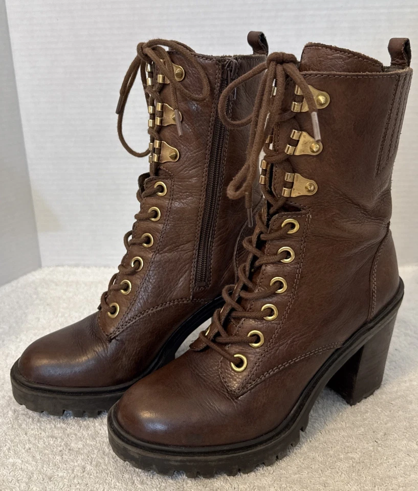 "Botas medias de tacón medio GUESS de cuero marrón con cordones/ cremallera de 4"" talla 6,5" Foto 3 de 4