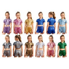 Girls Outfits Metallic Costume Modern Dancewear Competition 2-piece Set Disco