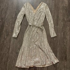 Dress the Population Silver Sequin V Neck Long Sleeve Wrap Midi Dress
