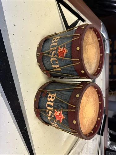 Pair of Vintage Busch Beer Drum Light Covers Sconce Bar Sign Man Cave 1970's