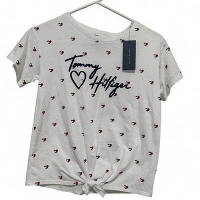 NWT Tommy Hilfiger Girls White Cotton Tagless T-shirt Heart Logo Size L  (12/14)