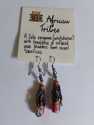  Vintage African Tribes Zulu Sangoma Folk Art Doll Dangle Earrings