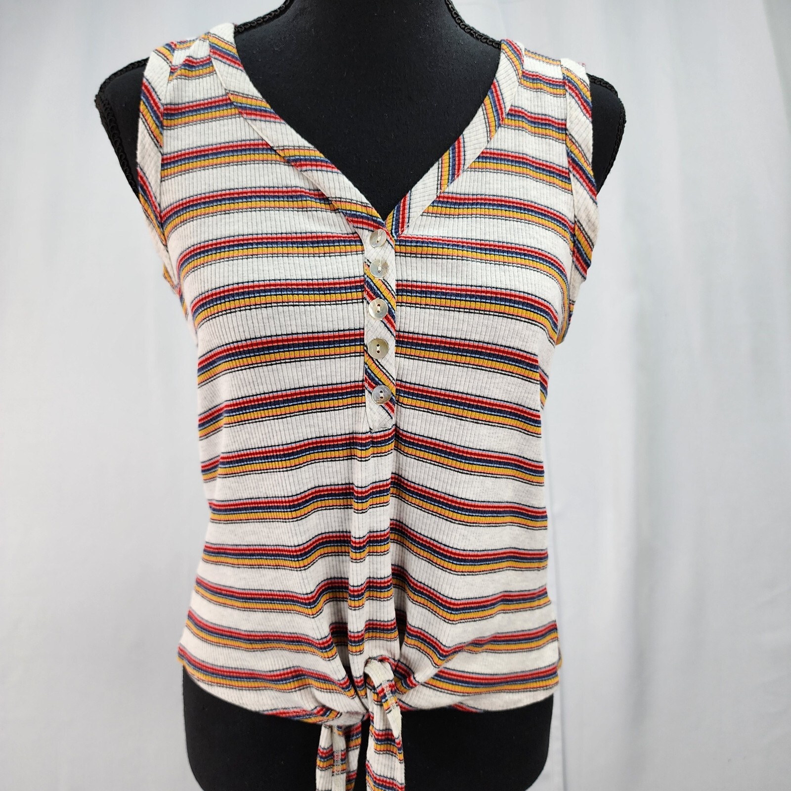 Tank Top Womens Small Ribbed Striped Tie Waist Cropped V Neck Stretchy-image