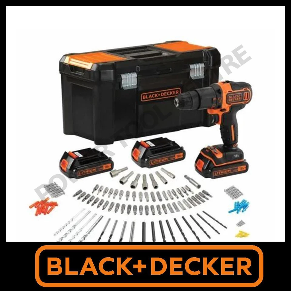 Black & Decker 18V 2-Gear Hammer Drill + 3x1.5Ah & Fast Charger +120 Accessories