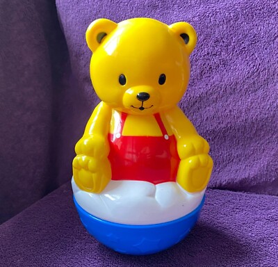 Vintage 1990 Shelcore Roly Poly Glockenspiel Bär Spielzeug, 22 cm hoch, gewichteter Sockel