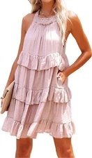 Women's Summer Halter Neck Self-Tie Ruffled Tiered A-Line Midi Dress with Pocket