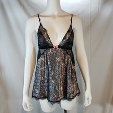 Victoria's Secret Satin Lace Babydoll Chemise Medium Gray Black Rose Logo