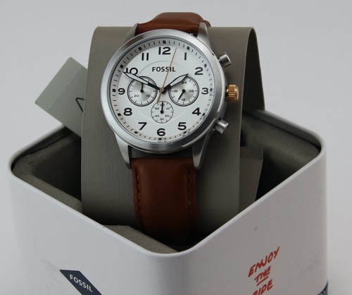 Fossil Flynn Men's 43mm Pilot Silver Dial Brown Leather Chronograph Watch BQ2314