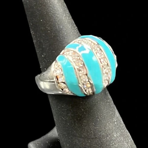 Bague dôme turquoise femme taille 7 pierres blanches CZ ton argent métal - Photo 2 sur 8