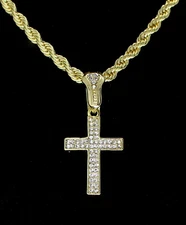 Iced CZ Cross Pendant Hip Hop Fashion 14k Gold Plated w/ 24" Rope 4mm Chain