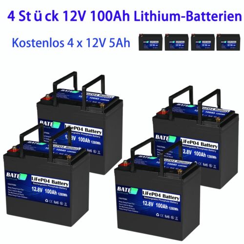 4Stk 12V 100Ah LiFePO4 Akku Lithium Batterie Häusliche Energiespeicher Solar - Bild 1 von 17