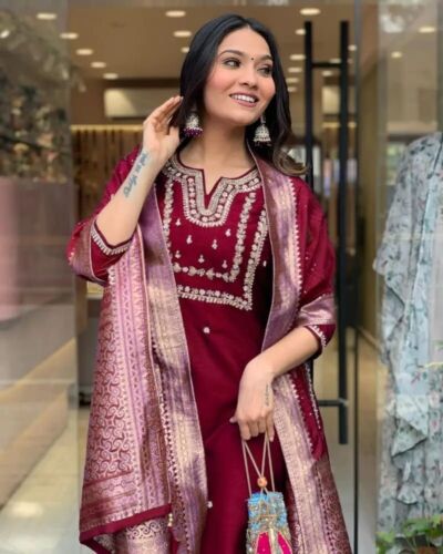 Wedding Pink & Red Salwar Kameez Dupatta Set Embroidery Palazzo Kurta Kurti Pant - Picture 2 of 25