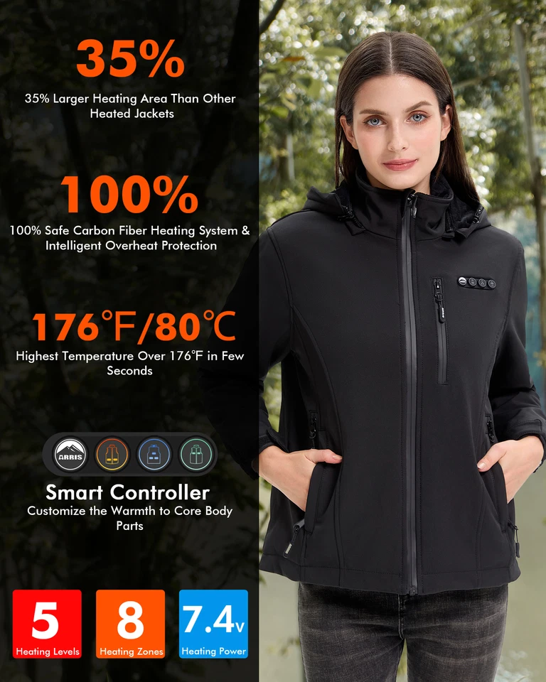 Chaqueta térmica para mujer ARRIS con batería mejorada a prueba de viento e impermeable Foto 2 de 4