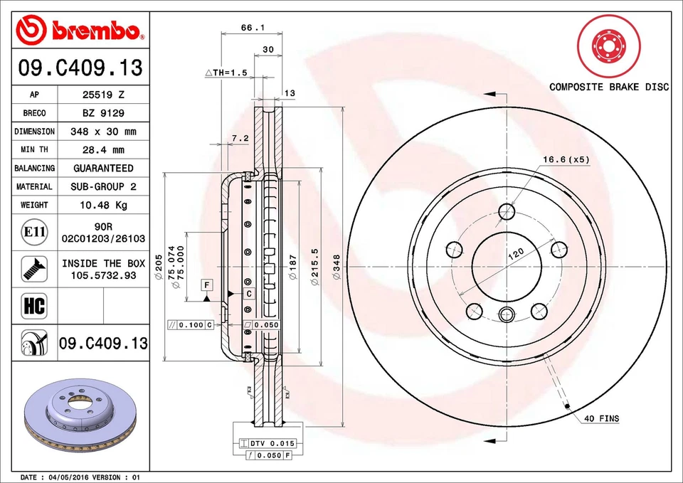 Ротор переднего дискового тормоза Brembo 09.C409.13 348 мм для BMW 640i Gran Coupe 2013-2019 годов выпуска - Изображение 2 из 3