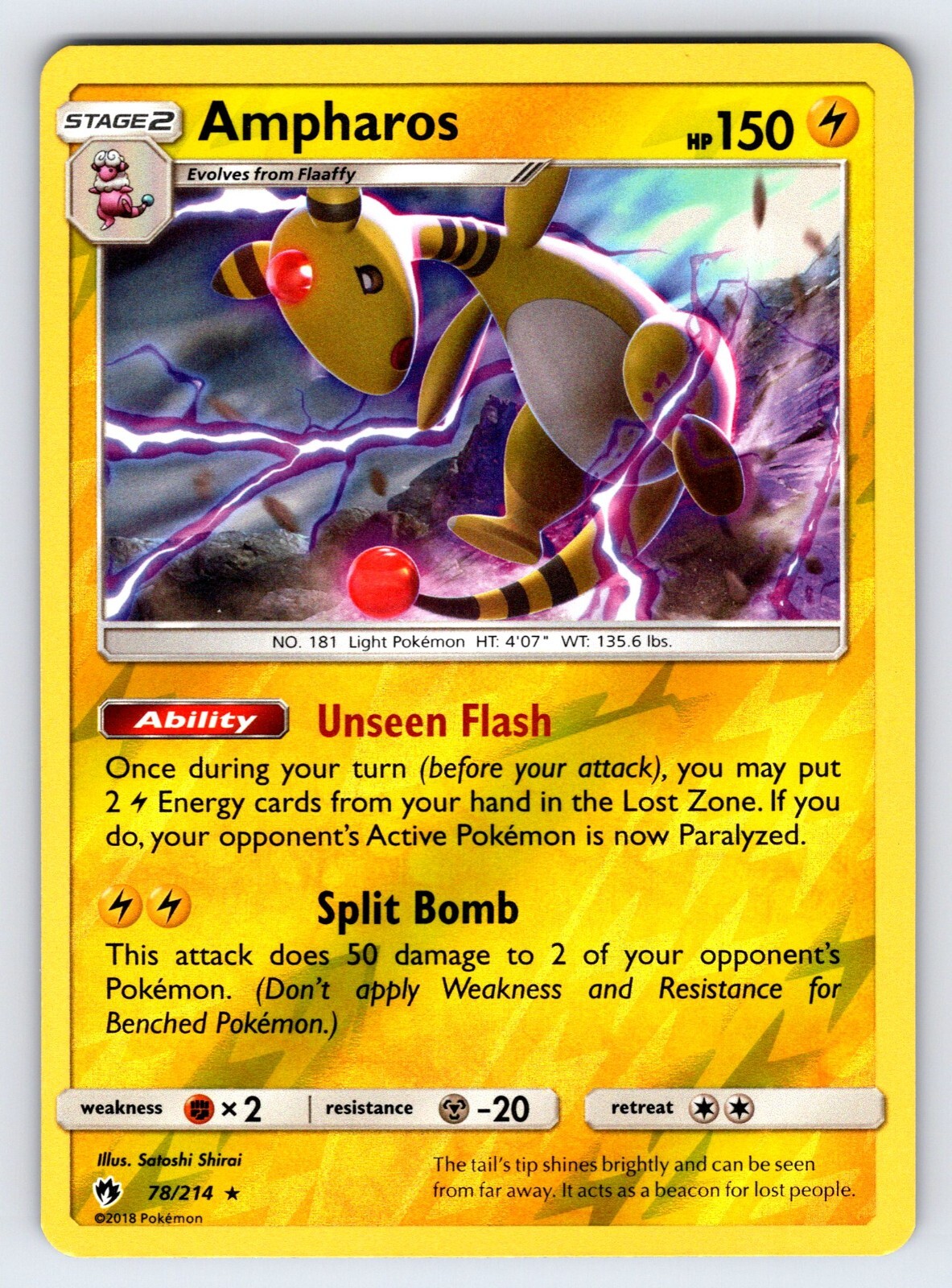 Ampharos 78/214 2018 S&M Lost Thunder Pokemon Card Reverse Holo Rare - Nm