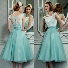 Tea-length Bridesmaid Dresses Vintage Cap Sleeve Mint Green Ruffled Organza