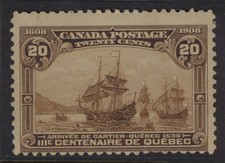 CANADA 1908 SC. #103 20 CENTS YELLOW-BROWN ARRIVAL OF CARTIER MINT LH CAT $250