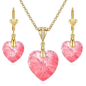 Authentic Austrian Crystals Heart Pendant Necklace Earrings for Women 14K Gold Plated H...