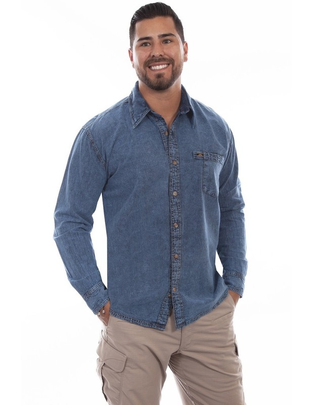 Scully Western Shirt Mens L/S Trail Walk XL Light Washed Denim F0_5206 CLEARANCE