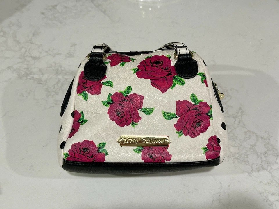 Винтажный Betsey Johnson роза печать сумочки черный бант сумка износ на ручки - Изображение 2 из 4