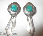 VINTAGE NAVAJO INDIAN GREEN TURQUOISE SHIELD JINGLE DANGLE EARRINGS STERLING — photo 1
