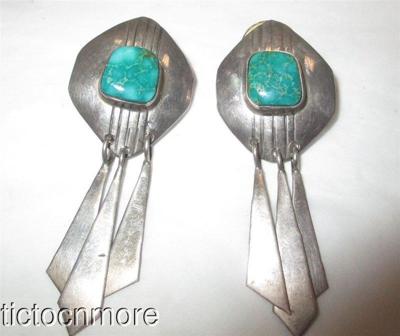 VINTAGE NAVAJO INDIAN GREEN TURQUOISE SHIELD JINGLE DANGLE EARRINGS STERLING