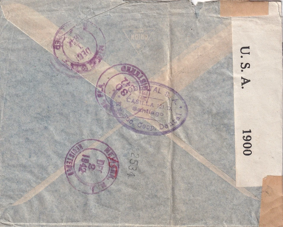 1942 WWII CHILE CENSORED AIRMAIL COVER to USA NJ Examined 28 Pesos 20 Cents - Image 2 of 2