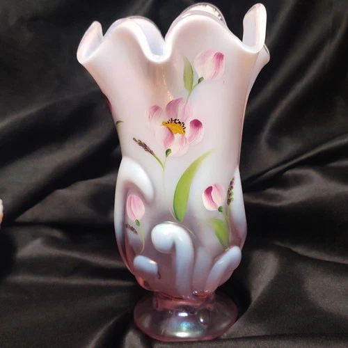Fenton Hand Painted Art Glass Floral Vase Pink Signed by J. Peyton